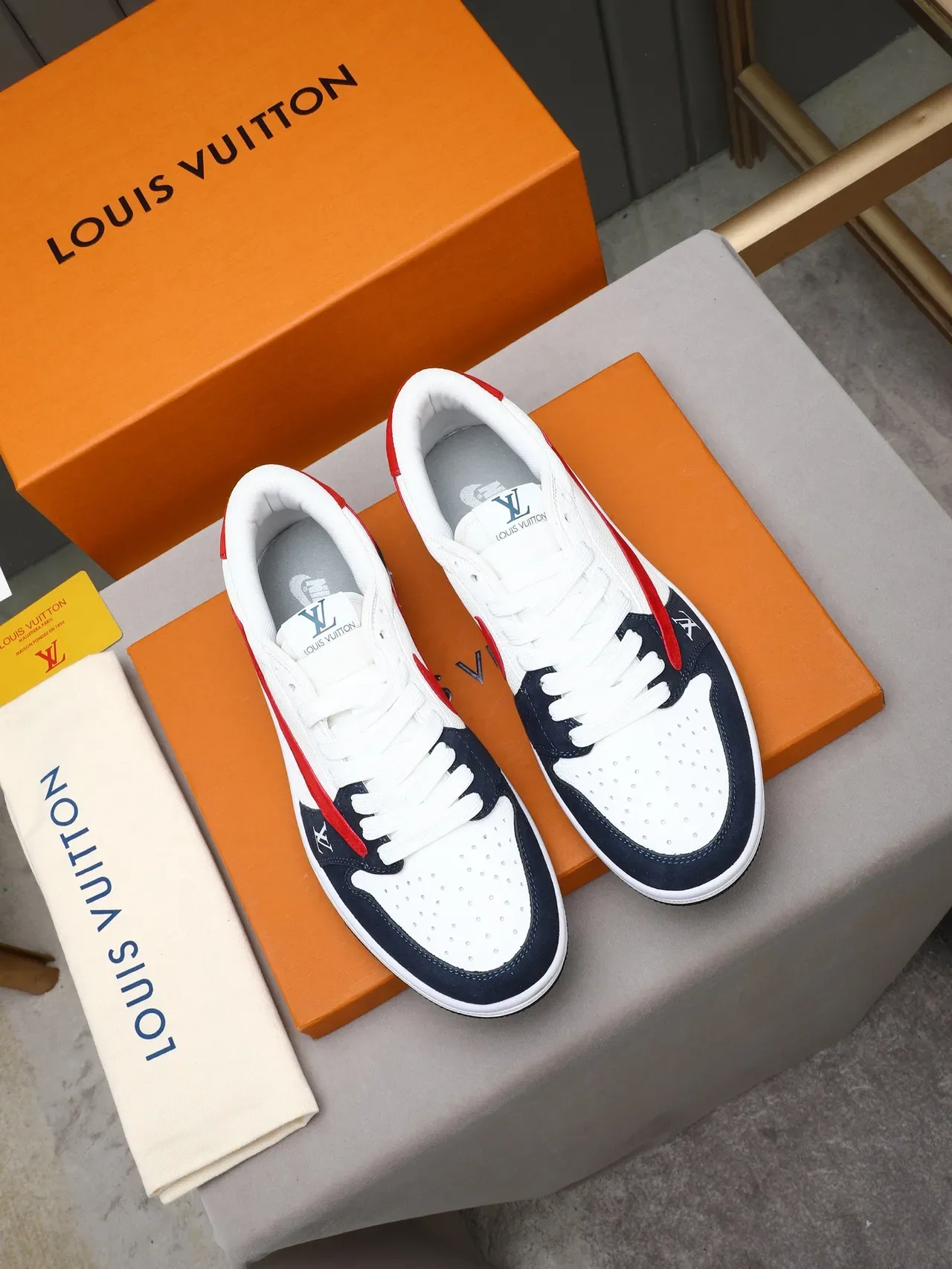 Louis Vuitton White Navy Low-Top Layered Suede And Leather Lifestyle Sneakers 2
