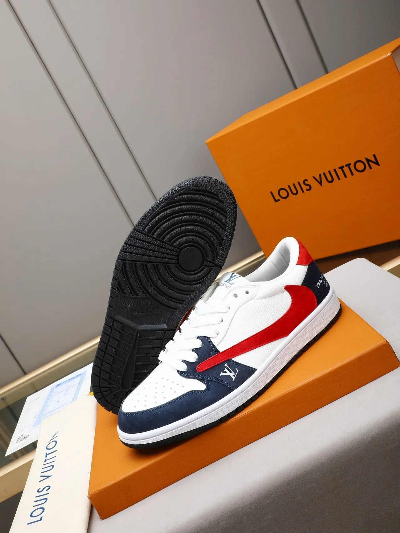 Louis Vuitton White Navy Low-Top Layered Suede And Leather Lifestyle Sneakers 4