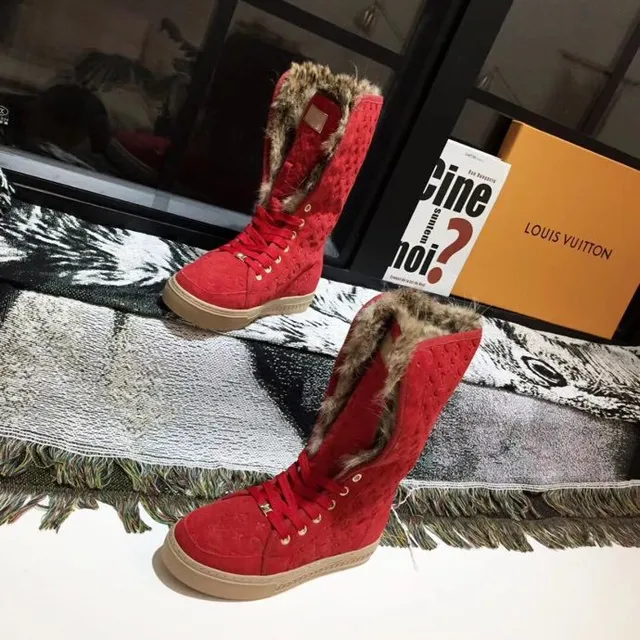 Louis Vuitton Winter Boots Red Beige Monogrammed Suede Fur-Trimmed Collar Knee Boots 2