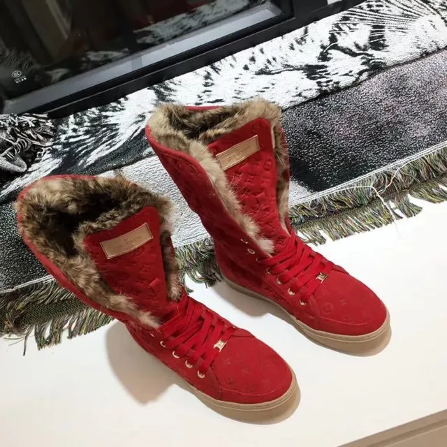 Louis Vuitton Winter Boots Red Beige Monogrammed Suede Fur-Trimmed Collar Knee Boots 3