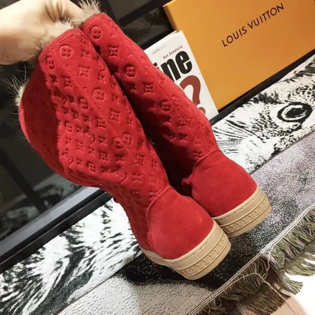 Louis Vuitton Winter Boots Red Beige Monogrammed Suede Fur-Trimmed Collar Knee Boots 4
