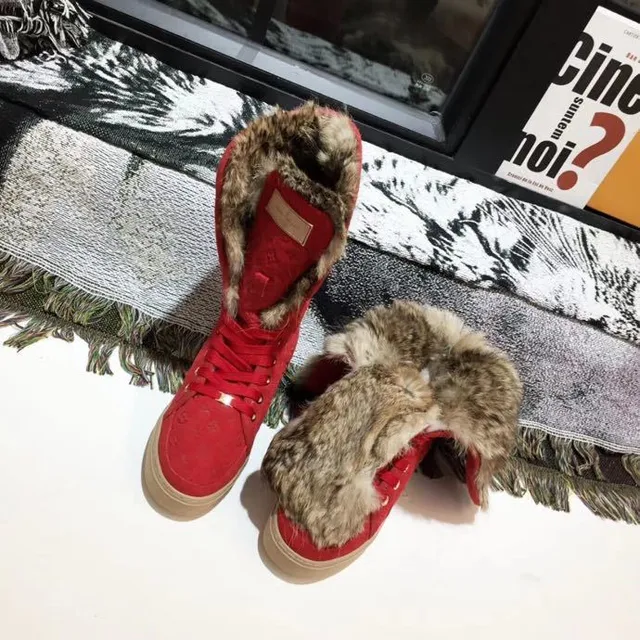 Louis Vuitton Winter Boots Red Beige Monogrammed Suede Fur-Trimmed Collar Knee Boots 5