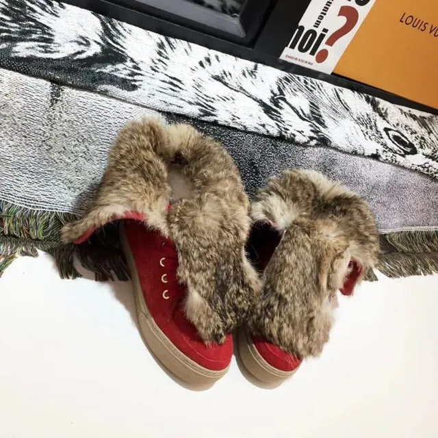 Louis Vuitton Winter Boots Red Beige Monogrammed Suede Fur-Trimmed Collar Knee Boots 7