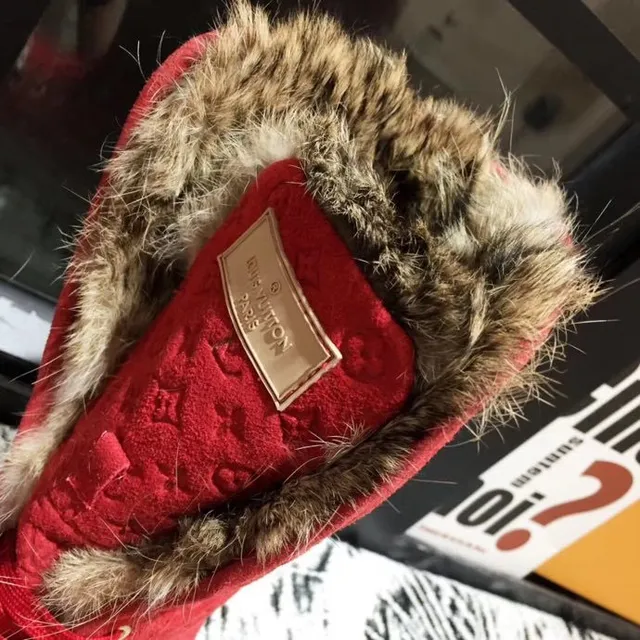 Louis Vuitton Winter Boots Red Beige Monogrammed Suede Fur-Trimmed Collar Knee Boots 8