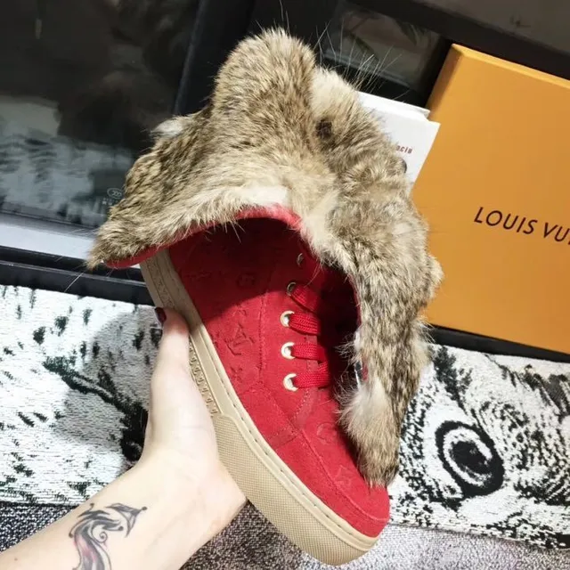Louis Vuitton Winter Boots Red Beige Monogrammed Suede Fur-Trimmed Collar Knee Boots 9