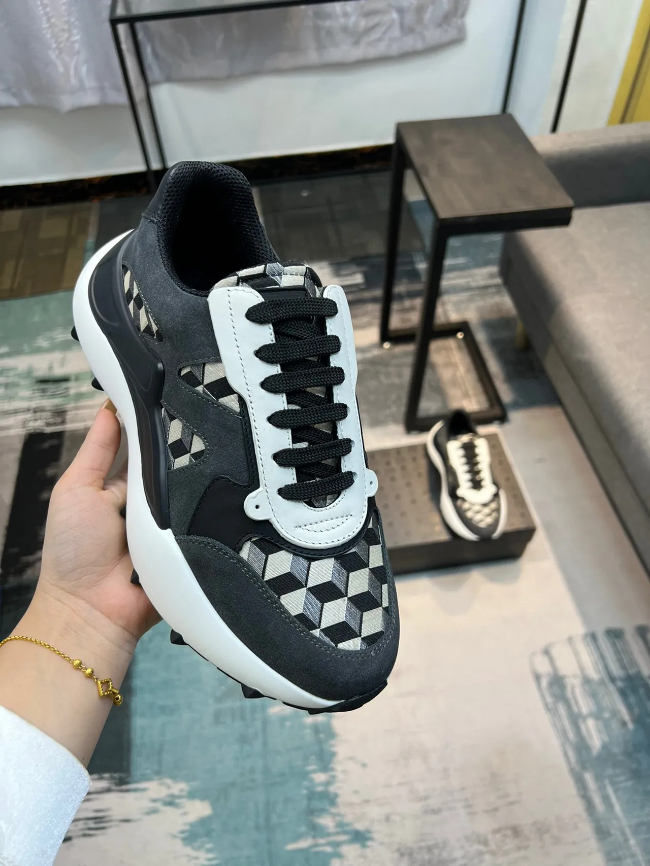 MCM Noir Blanc Semelle Plateforme Damier Géométrique Panneaux Latéraux Sneakers Chunky 6