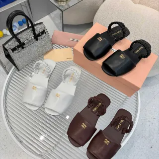 Miu Miu Black Gold Ruched Knotted Strap Logo Plaque Slippers