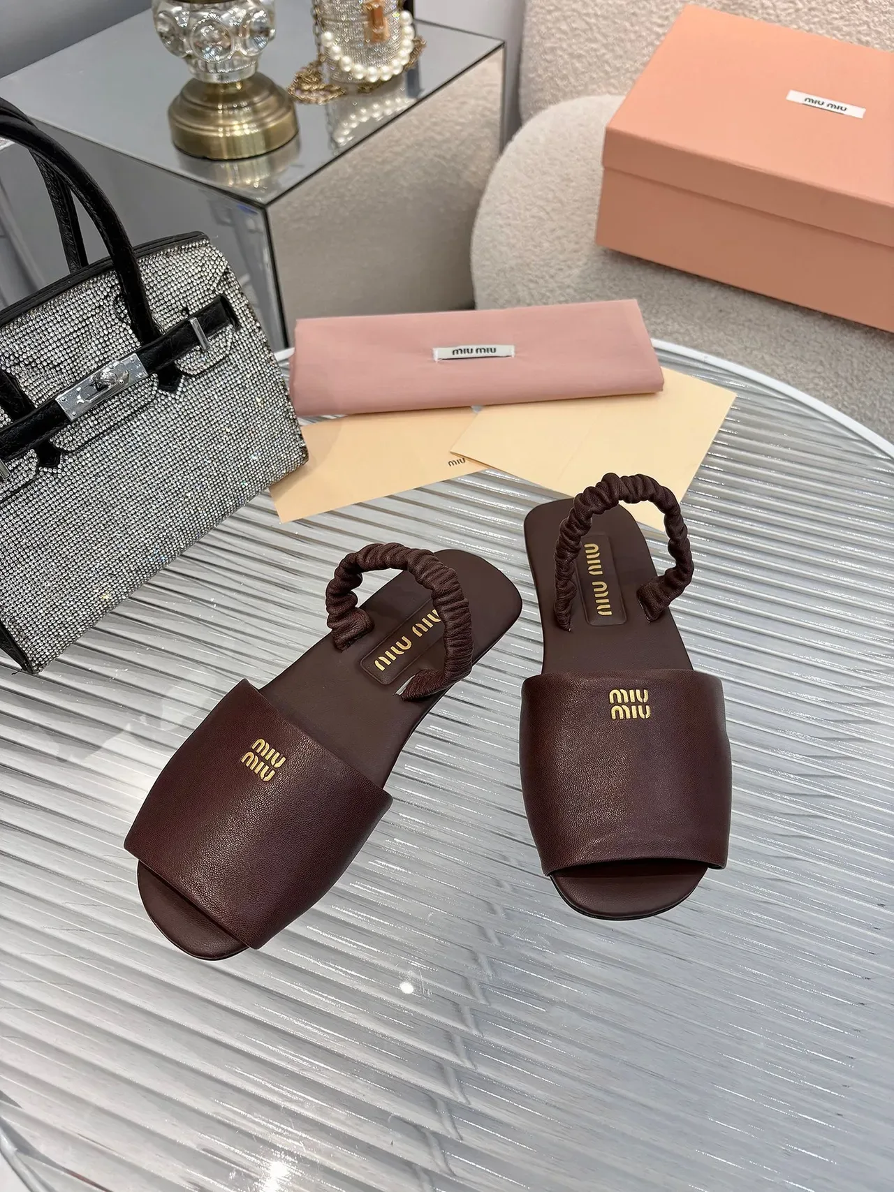 Miu Miu Black Gold Ruched Knotted Strap Logo Plaque Slippers 10