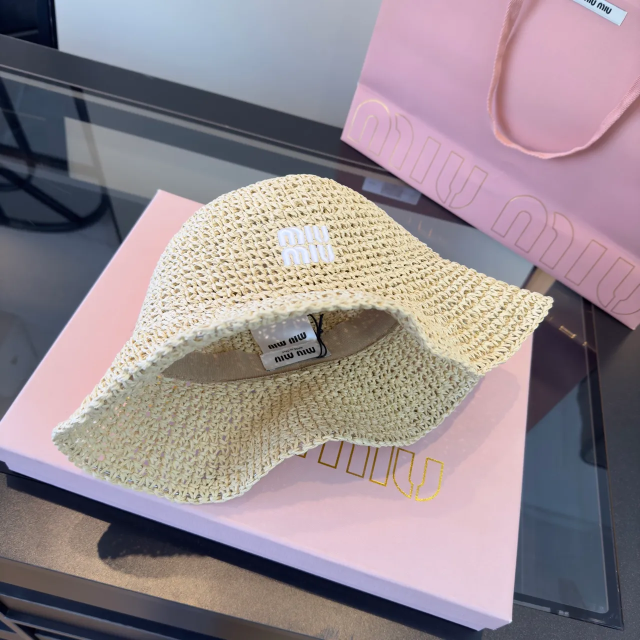 Miu Miu Logo-Embellished Crocheted Straw Bucket Hat 2