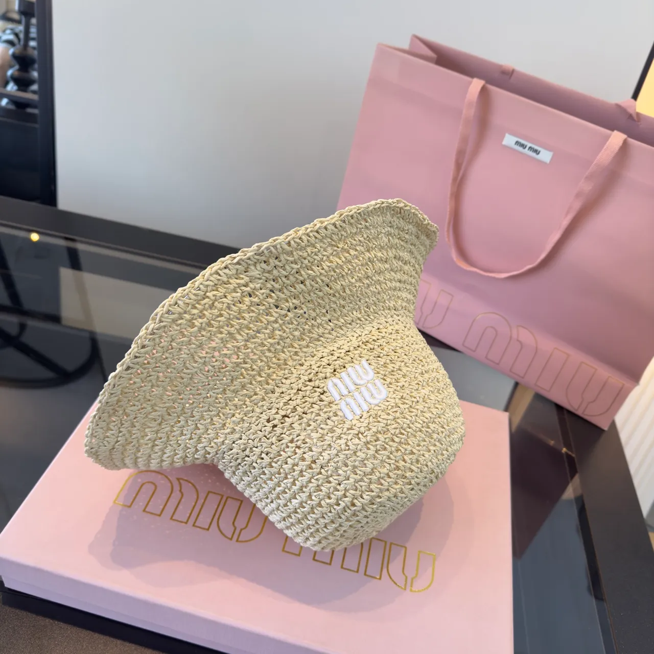 Miu Miu Logo-Embellished Crocheted Straw Bucket Hat 3