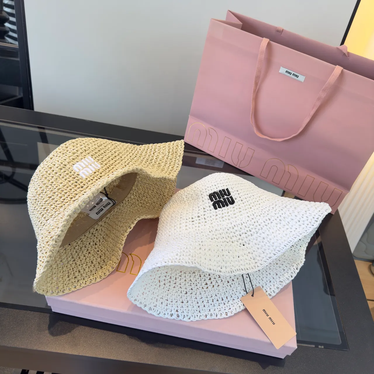 Miu Miu Logo-Embellished Crocheted Straw Bucket Hat 10