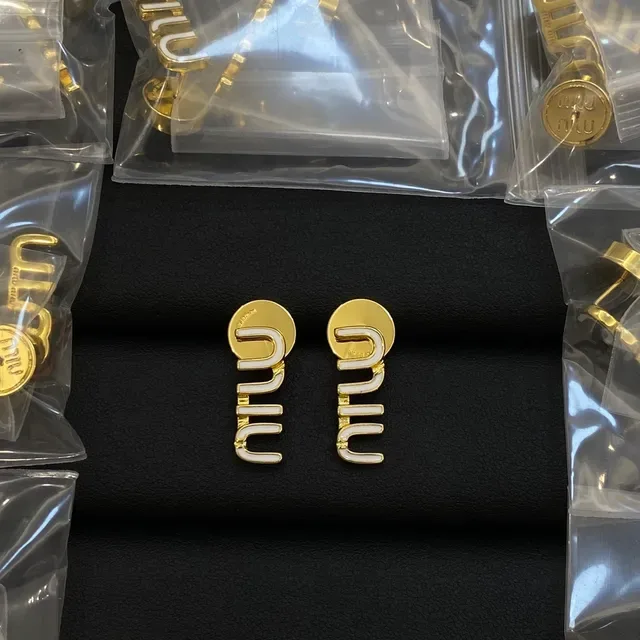 Miu Miu Logo Stud Gold Red Enamel-Filled Earrings 5