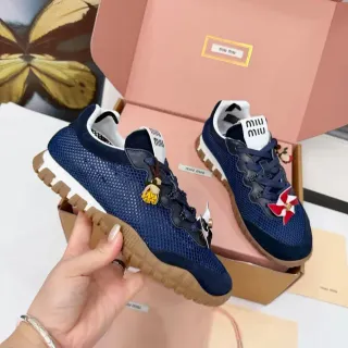 Miu Miu Navy Beige Mesh And Suede Upper Gum Rubber Outsole Lifestyle Sneakers