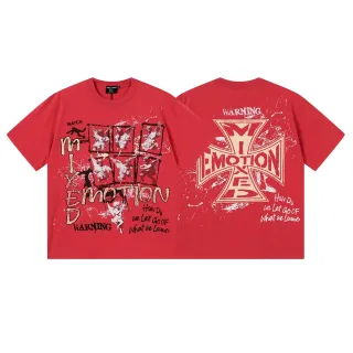 Mixed Emotion Red Beige Graphic-Print Oversized Fit T-Shirt