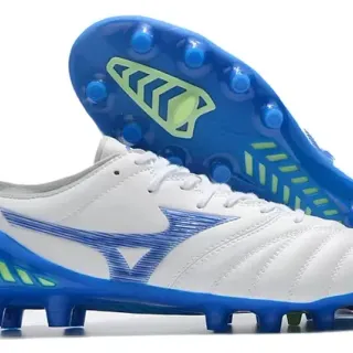 Mizuno White Blue Quilted Leather Upper Wave-Pattern Synthetic Overlay Firm-Ground Soccer Shoes