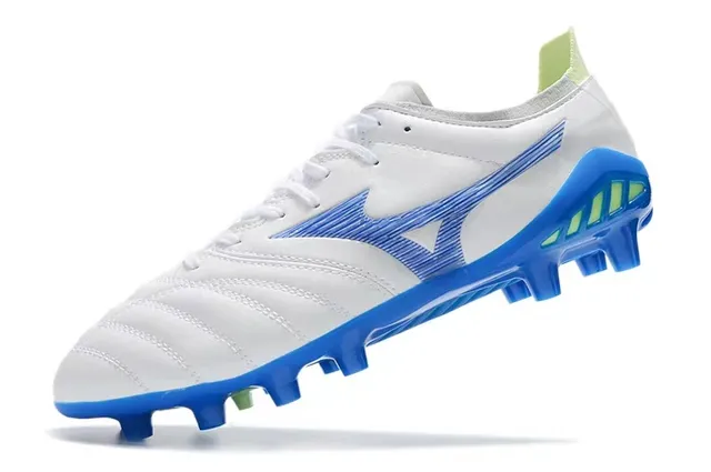 Mizuno White Blue Quilted Leather Upper Wave-Pattern Synthetic Overlay Firm-Ground Soccer Shoes 2