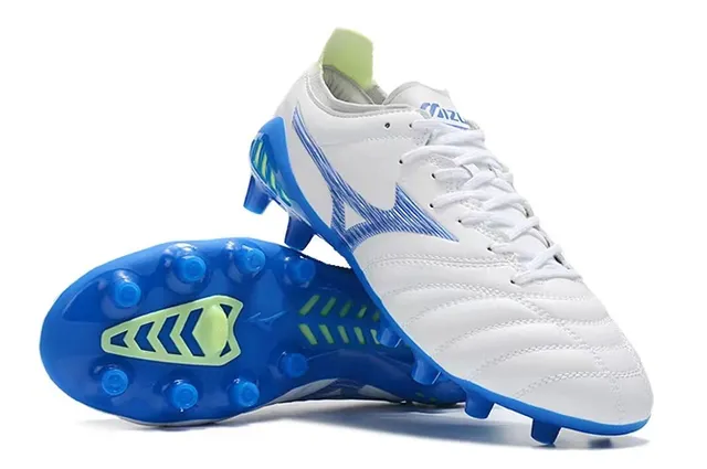 Mizuno White Blue Quilted Leather Upper Wave-Pattern Synthetic Overlay Firm-Ground Soccer Shoes 5