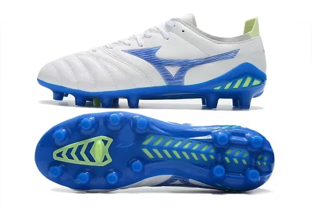 Mizuno White Blue Quilted Leather Upper Wave-Pattern Synthetic Overlay Firm-Ground Soccer Shoes 6