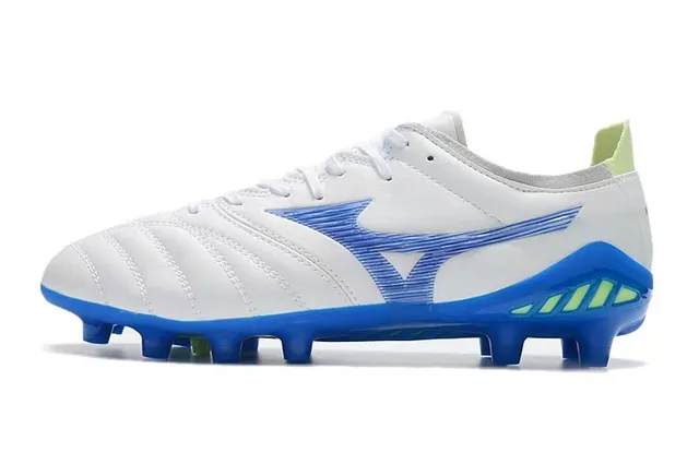 Mizuno White Blue Quilted Leather Upper Wave-Pattern Synthetic Overlay Firm-Ground Soccer Shoes 7
