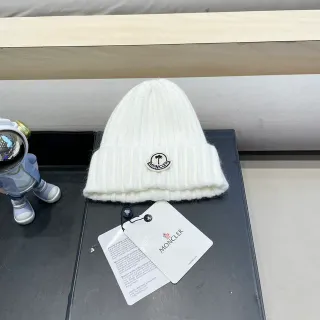 Moncler সাদা রিবড নিট ফোল্ডেড কাফ বিনি