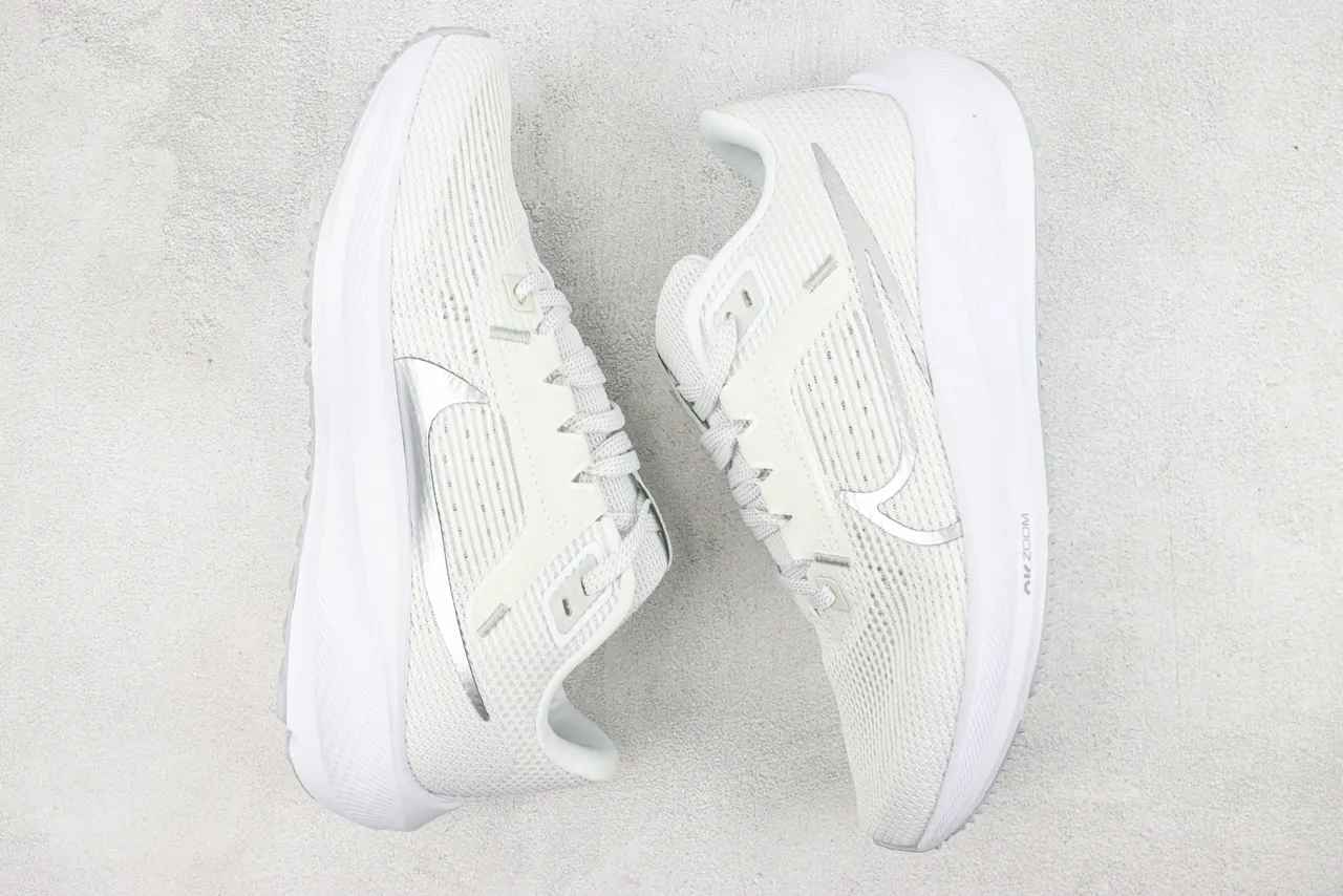Nike Air Zoom Pegasus White Silver Breathable Engineered Mesh Upper Metallic Swoosh Overlay Running Shoes 2