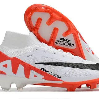 Nike Air Zoom White Orange High-Cut Sock-Fit Collar Flyknit Upper Firm-Ground Soccer Shoes