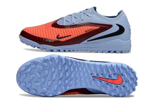 Nike أحذية كرة القدم للعشب الاصطناعي باللونين الأزرق والبرتقالي منخفضة القطع مع الجزء العلوي المحبوك وتغطية القفص الصناعي 6