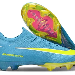 Nike Chaussures de Football Bleu et Jaune avec Upper en Knit, Plaque de Talon Transparente et Semelle Firm-Ground