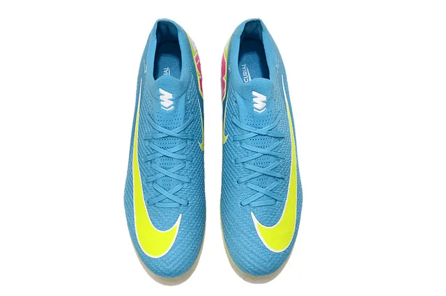 Nike Chaussures de Football Bleu et Jaune avec Upper en Knit, Plaque de Talon Transparente et Semelle Firm-Ground 2