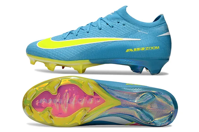 Nike Chaussures de Football Bleu et Jaune avec Upper en Knit, Plaque de Talon Transparente et Semelle Firm-Ground 5
