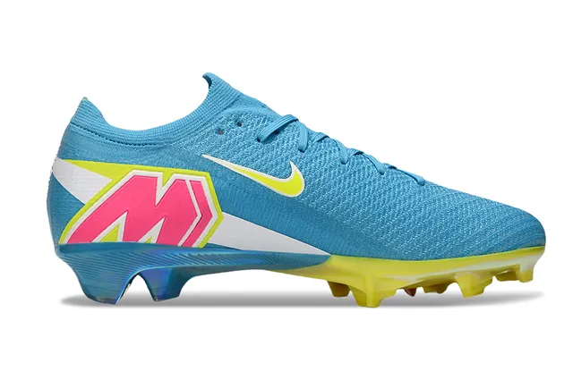 Nike Chaussures de Football Bleu et Jaune avec Upper en Knit, Plaque de Talon Transparente et Semelle Firm-Ground 7