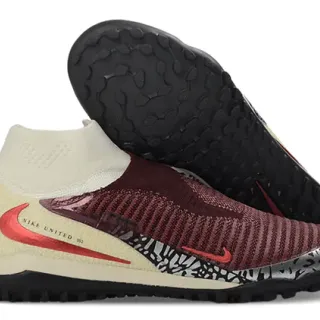 Nike Burgundy Beige Sock-Fit Knit Upper Low-Cut Ankle Collar Turf Soccer Shoes