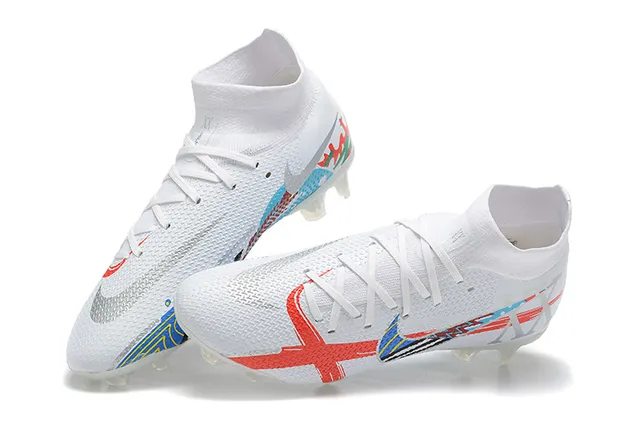Nike Botas de Futebol Branca Vermelha Azul Gráfica Firm-Ground Sapatos de Futebol 4