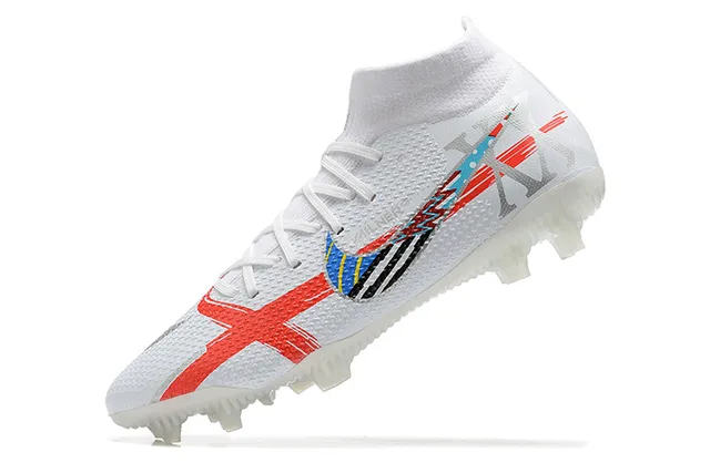 Nike Botas de Futebol Branca Vermelha Azul Gráfica Firm-Ground Sapatos de Futebol 6