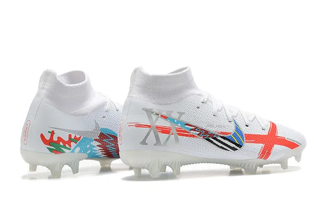 Nike Botas de Futebol Branca Vermelha Azul Gráfica Firm-Ground Sapatos de Futebol 7