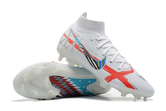 Nike Botas de Futebol Branca Vermelha Azul Gráfica Firm-Ground Sapatos de Futebol 8