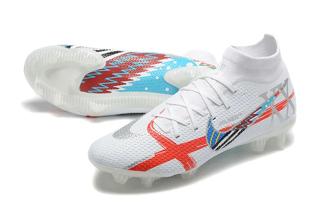 Nike Botas de Futebol Branca Vermelha Azul Gráfica Firm-Ground Sapatos de Futebol 9