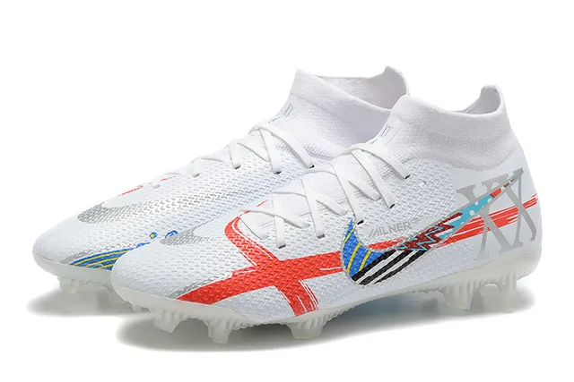 Nike Botas de Futebol Branca Vermelha Azul Gráfica Firm-Ground Sapatos de Futebol 10