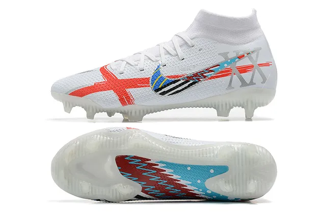Nike Botas de Futebol Branca Vermelha Azul Gráfica Firm-Ground Sapatos de Futebol 11