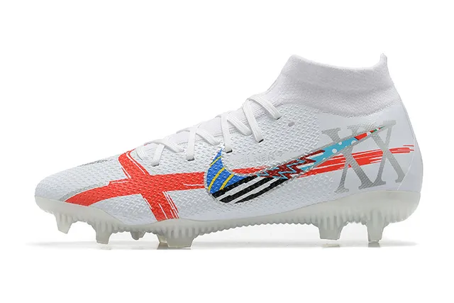 Nike Botas de Futebol Branca Vermelha Azul Gráfica Firm-Ground Sapatos de Futebol 12