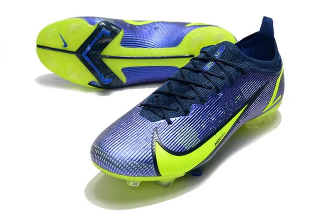 Nike Mercurial Azul Amarelo Baixo Ajuste de meias Superior Texturizado Sintético Jaula Campo firme Sapatos de futebol 6