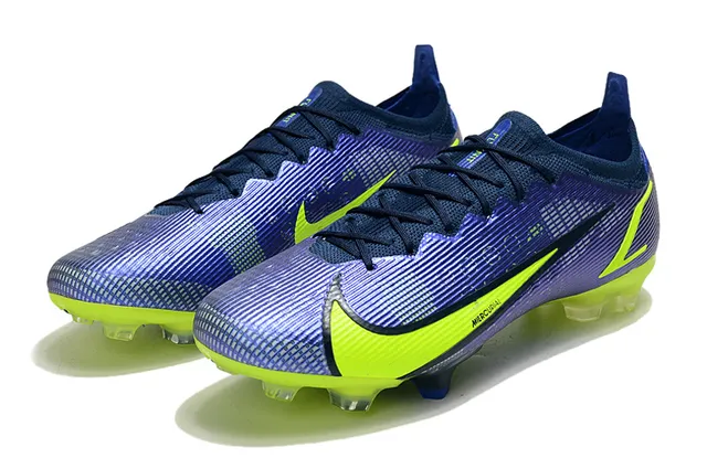 Nike Mercurial Azul Amarelo Baixo Ajuste de meias Superior Texturizado Sintético Jaula Campo firme Sapatos de futebol 8