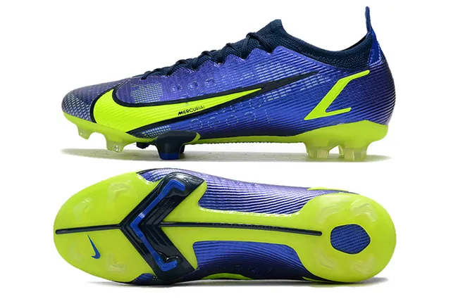 Nike Mercurial Azul Amarelo Baixo Ajuste de meias Superior Texturizado Sintético Jaula Campo firme Sapatos de futebol 9
