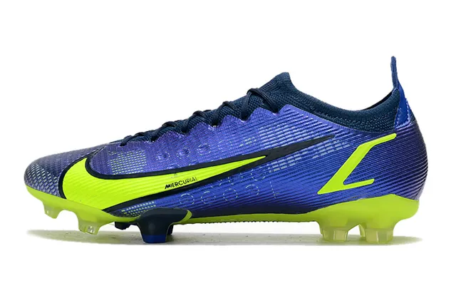 Nike Mercurial Azul Amarelo Baixo Ajuste de meias Superior Texturizado Sintético Jaula Campo firme Sapatos de futebol 10