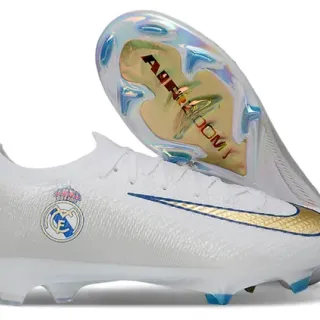 Nike Mercurial Vapor Real Madrid Branco Dourado Azul Sapatos de Futebol Firm-Ground