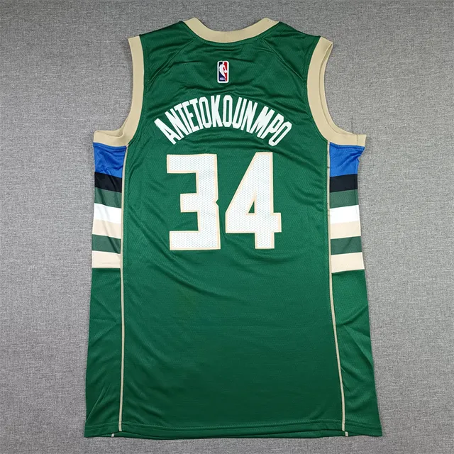 Nike Milwaukee Bucks Giannis Antetokounmpo #34 Swingman Verde Bege Sem mangas Colarinho em V Jersey 3
