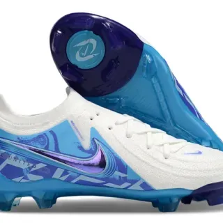 Nike Phantom GT Tênis de Futebol Firm-Ground Branco e Azul Knit Upper Overlay Gráfico Iridiscente