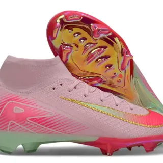Nike Chaussures de soccer à crampons pour terrain ferme avec upper Flyknit à coupe haute lacets asymétriques couleur rose doré