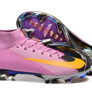 Nike Pink Yellow Sapatos de Futebol Alto Ajuste Meia Placa Sola Cromada Iridiscente Gramado Firme