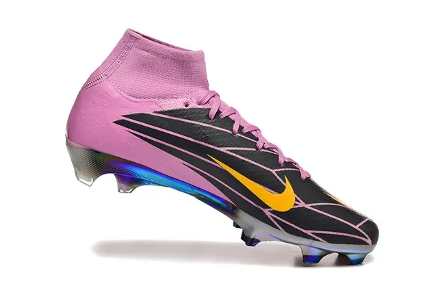 Nike Pink Yellow Zapatillas de Fútbol Alto Ajuste Calcetín Parte Superior Placa Suela Cromada Iridiscente Terreno Firme 3